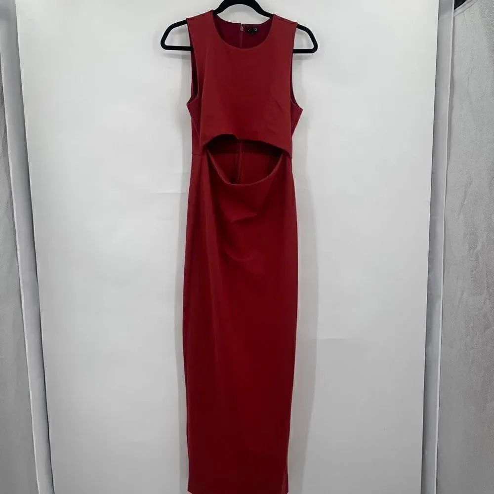NBD Women's Sleeveless Cut Out High Side Slit Knit Midi Bodycon Red Dress Large
